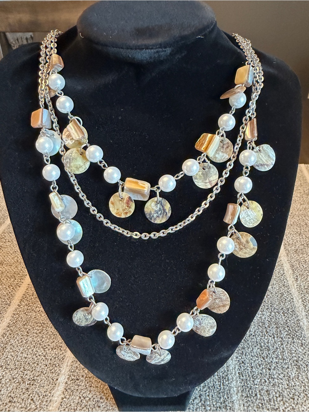 Premier Designs Coastal 3 Strand Shell Pearl Necklace Silver Tone Retired
